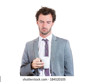 Closeup Portrait Tired, Falling Asleep Business Man In Blue Shirt Holding Cup Coffee, Struggling Not To Crash, Stay Awake, Keep Eyes Opened Isolated White Background. Human Emotion, Facial Expressions