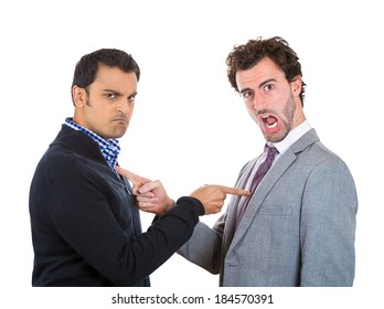 Closeup portrait, two angry men pointing fingers at each other blaming for problems, isolated white background. Interpersonal conflict. Negative human emotions facial expression feeling, body language