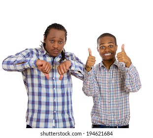 Closeup Portrait Two Co-workers, Business Men, Office Employees, One Being Negative, Angry, Giving Thumbs Down, Second Positive, Optimistic Giving Thumbs Up Isolated White Background. Meeting Polarity