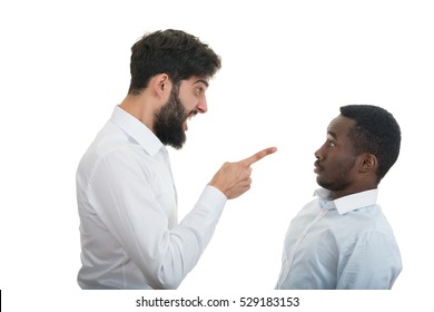 Closeup Portrait Of Two Grown Mad Men Arguing,