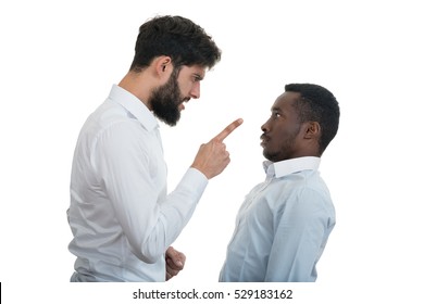 Closeup Portrait Of Two Grown Mad Men Arguing,