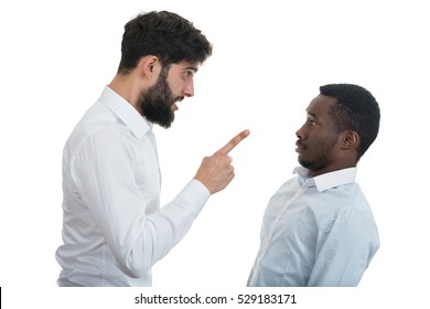 Closeup Portrait Of Two Grown Mad Men Arguing,