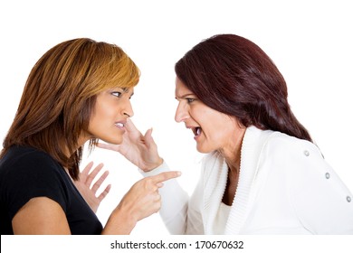 Closeup portrait of two mad angry women pointing fingers at each other, blaming for problems, isolated on white background. Interpersonal conflict strife. Negative emotions facial expression feeling
