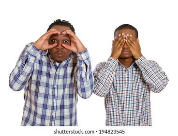 Closeup Portrait Two Men, Employees, One Closing His Eyes, Quiet, Calm, Avoiding Situation, Blind, Second Active Showing Interest Looking Curious, Spying, Nosy Isolated White Background. Bipolar, Mood