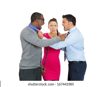 Closeup Portrait Of Two Men Fighting Over A Woman Caught In Middle, Isolated On White Background.  Relationship And Society Conflict, Problems, Issues. Negative Emotion Facial Expression Feelings.