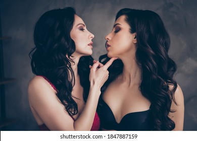 Close-up Portrait Of Two Nice Attractive Chic Gorgeous Glamorous Stunning Vamp Girls Enticing Bonding Embracing Erotica Play Role Game Pervert At Home House Dark Industrial Style Bedroom