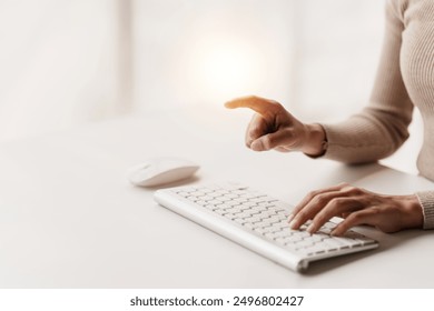 Close-up portrait typing keyboard on laptop computer. Working online on white table at office. Facebook chat. Website meeting. Blogger. Journalist writing articles. online job ideas - Powered by Shutterstock