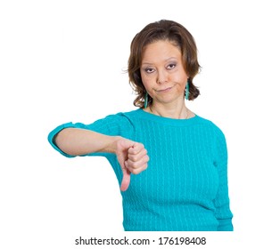 Closeup portrait of unhappy angry mad, pissed off senior mature woman, annoyed, giving thumbs down looking with negative facial expression disapproval, isolated white background. Emotion, sign, symbol