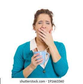 Closeup Portrait Very Tired, Falling Asleep Woman, Employee Holding Cup Coffee, Struggling Not Crash, Stay Awake, Keeping Eyes Opened Isolated White Background. Human Face Expression, Feeling Reaction