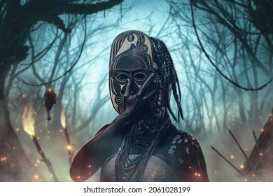 Close-up portrait of a witch from the indigenous African tribe, wearing traditional costume. Make-up concept. - Shutterstock ID 2061028199