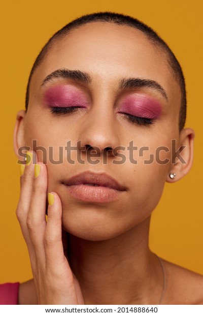 Closeup Portrait Woman Shaved Head Female Stock Photo 2014888640