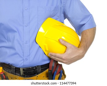 A Close-up Portrait Of A Worker On Blue Polo With Construction Tools And Yellow Hard Hat