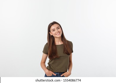 Close-up Portrait Of Yong Woman Casual Portrait In Positive View, Big Smile, Beautiful Model Posing In Studio Over White Background.