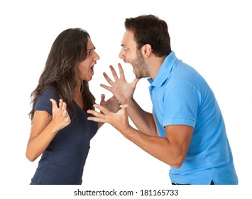 Closeup portrait of young angry couple, man, woman, screaming at each other.
