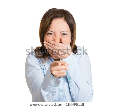 Closeup portrait of young, beautiful, excited, happy woman smiling, laughing, pointing finger towards you, camera gesture, isolated white background. Positive human emotion, attitude, reactions