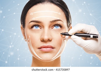 Close-up portrait of young beautiful woman, facial plastic surgery concept