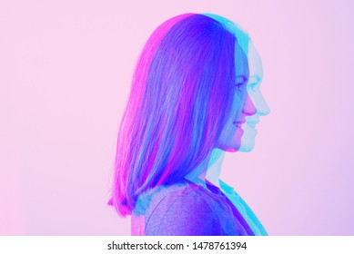 Close-up Portrait Of Young Brunette Woman In Profile In Neon Light Effect Glitch, Duotone