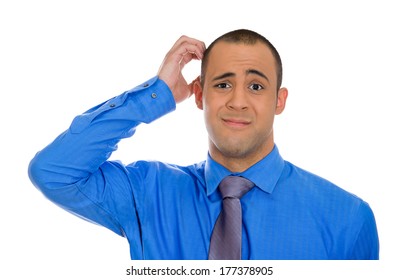 Closeup Portrait Of Young Business Man Scratching Head Thinking Daydreaming Deeply About Something Looking At You Isolated On White Background. Human Facial Expression Emotion, Feelings, Sign, Symbols