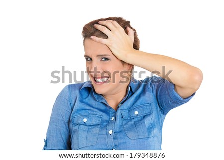 Closeup portrait of young business woman scared, afraid, shocked, overwhelmed, terrified of unexpected impact, event, insult isolated on white background. Negative human emotions, facial expressions.