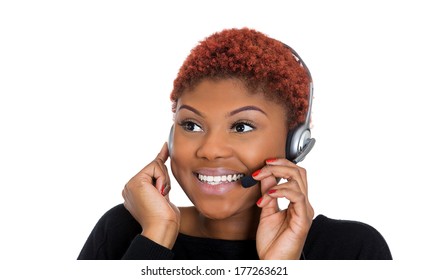 Closeup Portrait Of Young Happy Successful Woman Customer Service Representative Or Call Centre Worker Or Operator Or Support Staff Speaking With Head Set, Isolated On White Background.