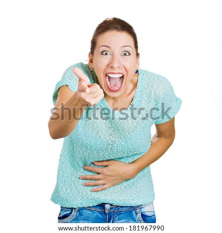 Closeup portrait young, laughing excited happy woman pointing at you camera gesture with arm finger isolated white background. Positive human emotion facial expression feelings, body language reaction