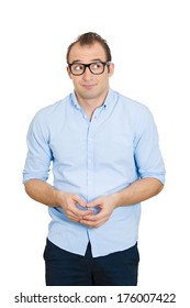 Closeup Portrait Of Young, Nerdy, Funny Looking Man With Glasses, Very Timid Boy, Shy, Anxious Student, Socially Awkward Employee Isolated On White Background. Human Emotion Facial Expression, Feeling