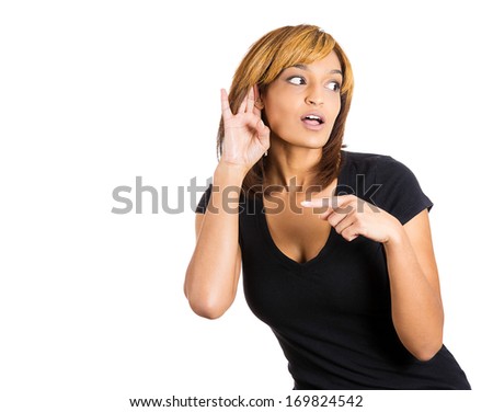 Closeup portrait young nosy woman secretly listening to conversation, hand to ear surprised shocked at juicy gossip she hears motioning others to come, privacy violation, isolated on white background