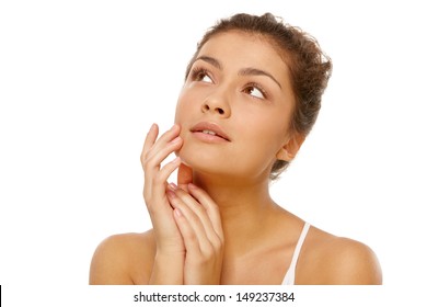 Closeup Portrait Of Young Olive Skin Girl Over Isolated White Background