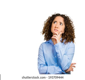 Closeup Portrait Young Professional Business Woman Thinking, Daydreaming Deeply About Something Chin On Hand Looking Up, Isolated White Background. Human Emotion, Facial Expression, Feelings, Reaction