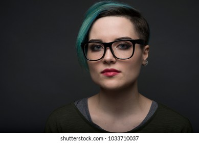 Closeup Portrait Of Young Short Haired Student Woman. Lgbt Activist