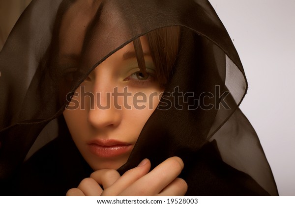 Closeup Portrait Young Woman Mourning Veil Stock Photo Edit - 