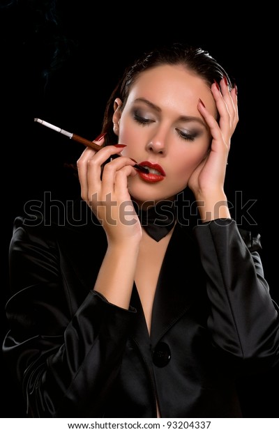 Closeup Portrait Young Woman Mouthpiece Hand Stock Photo 93204337 ...