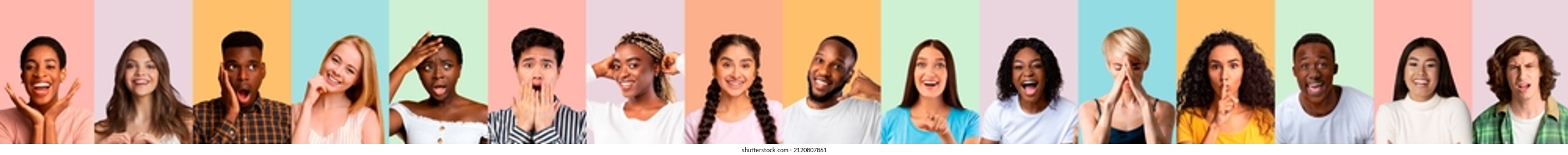 Closeup Portraits Of Multiethnic Young People Showing Different Emotions, Collection Of Photos In A Row, Collage, Panorama. Human Emotions, Feelings, Face Expressions Concept