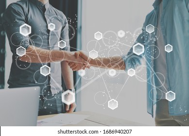 Closeup Of Positive Business Partners Greeting Each Other. Business Man Standing In Office, Shaking Hands. Collaboration Concept. Virtual Connection Concept, Graph Interfaces