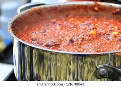 Closeup Of A Pot Of Chili Cooking