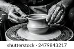 Close-Up Pottery Hands | Black and White Pottery Art | Artisan Crafting Clay | Detailed Pottery Process | Hands-on Pottery Work| AI Generated