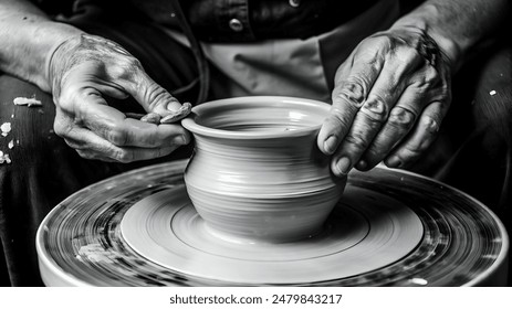 Close-Up Pottery Hands | Black and White Pottery Art | Artisan Crafting Clay | Detailed Pottery Process | Hands-on Pottery Work| AI Generated - Powered by Shutterstock