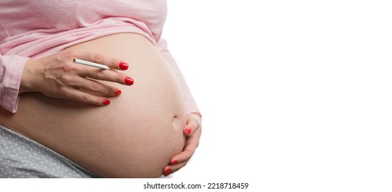 Close-up Of Pregnant Woman Holding Cigarette And Belly As Unhealthy Habit Concept With Copy-space