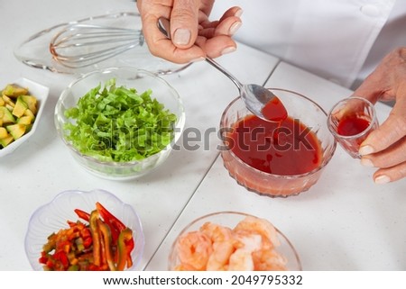 Close-up of the preparation process of a delicious shrimp ceviche