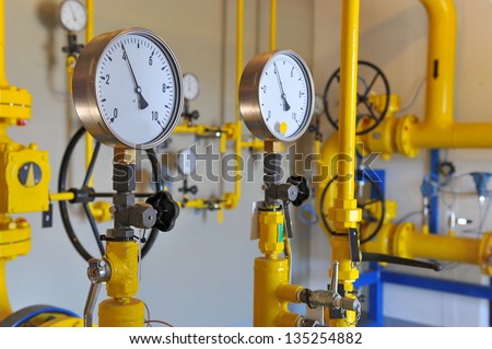Closeup of pressure meter on natural gas pipeline