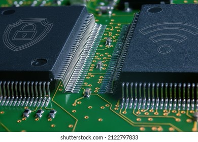 Closeup of Printed Circuit Board with processor, integrated circuits and many other surface mounted passive electrical components.