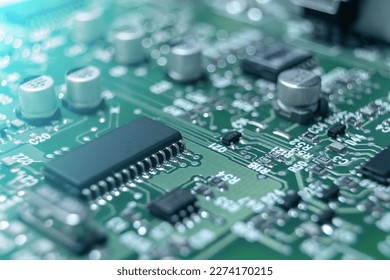 Closeup of Printed Circuit Board with processor, integrated circuits and many other surface mounted passive electrical components. - Powered by Shutterstock - Get 15% off with code: PIKWIZARD15