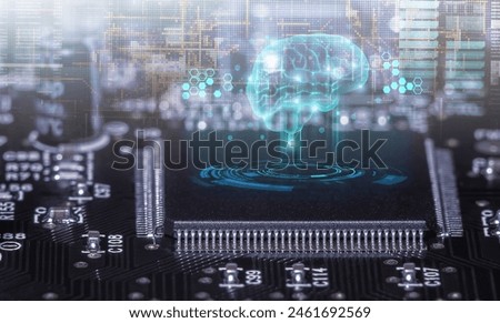 Closeup of Printed Circuit Board with processor, integrated circuits and many other surface mounted passive electrical components.