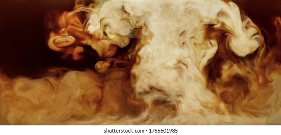 Closeup process of making latte, cappuccino, pouring milk, cream into transparent glass cup with coffee. Abstract brown background with light stains, explosion. Mixing of liquids. Hot caffeine drinks.