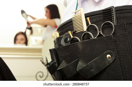 Close-up Of Professional Equipment Tools Accessories Of Hairdresser Hairstylist In Hair Beauty Salon. Service.