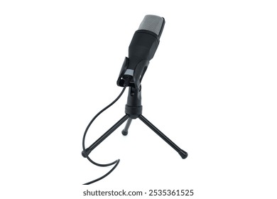 Close-up of a professional microphone on a stand, isolated on a white background, ideal for podcast, recording studio, audio production, and broadcasting applications. - Powered by Shutterstock