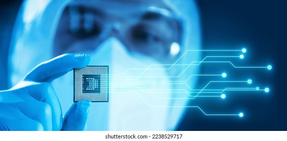 Close-up of Professional Scientist Holding a Modern Microprocessor Chip in Hand. Scientific Laboratory, Research and Development of Microelectronics and Processors. Computer Technology and Equipment.