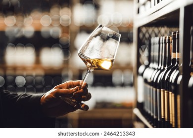 Close-Up of Professional Sommelier Evaluating White Wine Standing in Cellar - Powered by Shutterstock