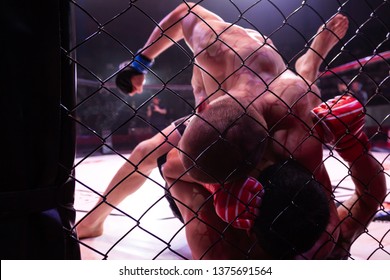 A close-up is a professional strong MMA fighter holding a rival and striking him during a fight in the arena of octagonal scene.The mood and the concept of fighting without rules.Submission wrestling 