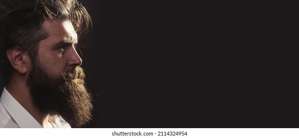 Closeup profile of bearded man with classic black long beard, bearded gay. Barber barbershop. Mustache men, serious face close up. Templates web banner design. Banner for website.